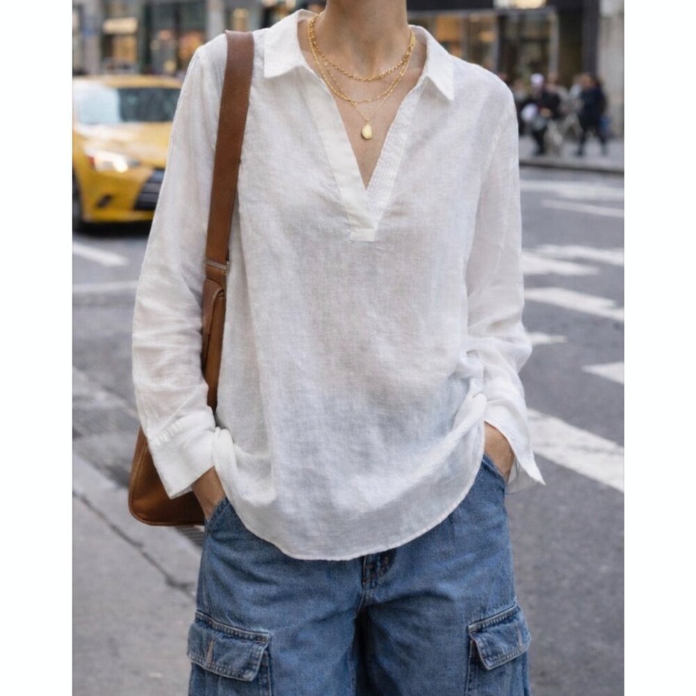White 100% Linen Popover Shirt Top Tunic NYDJ XL relaxed summer coastal vaca